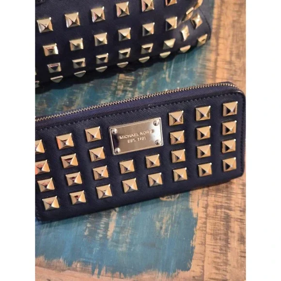 Michael Kors Grayson Navy Saffiano Leather Studded Satchel Bag and Wallet Set - Picture 2 of 10